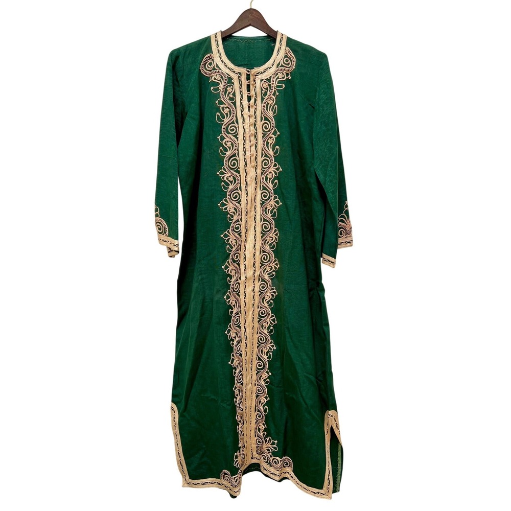 Vintage Moroccan Kaftan Emerald Green Gold Embroidered Maxi Dress Robe XL